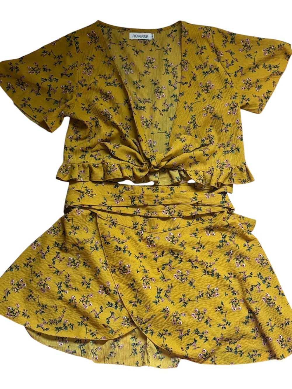 REVERSE Mustard Yellow Floral Tie-Front Crop Top & Wrap Skirt Set